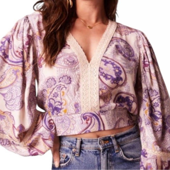 Band of Gypsies V-neck Crop Blouse Puff and Bell Sleeves BOHO Multiple sizes S-L - Picture 5 of 7